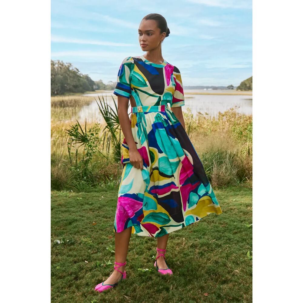 Hunter Bell Jada Dress Short Sleeve Cutout Printed Midi Dress